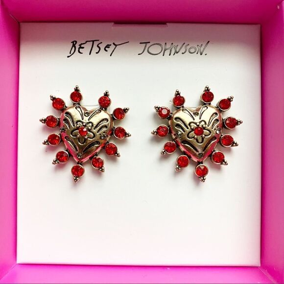 Betsey Johnson Gold Heart Red Stones Earrings - Picture 4 of 8